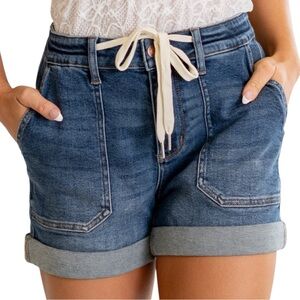Judy Blue Denim Shorts Drawstring Mid-Rise Rolled Hem Jogger Size large NWT
